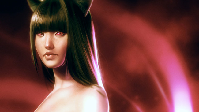 Обои картинки фото фэнтези, девушки, девушка, красные, глаза, азиатка, lenadrofranci, абстракция, уши, взгляд, лицо