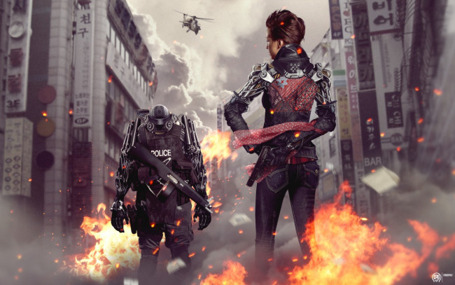Обои картинки фото фэнтези, роботы, киборги, механизмы, город, девушка, полиция, робот, киборг