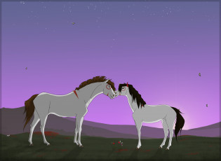 Картинка рисованные животные лошади луг