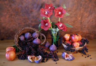 Картинка еда натюрморт мальвы инжир бузина нектарины