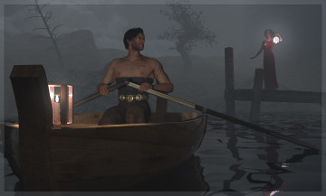 Картинка 3д графика people люди вечер река женщина лодка мужчина