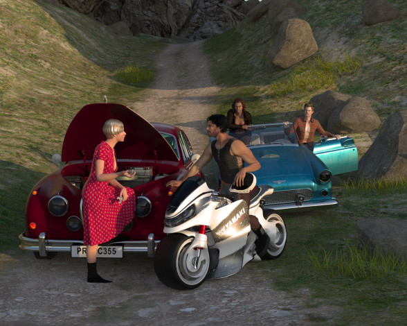 Обои картинки фото 3д, графика, people, люди, девушка, мотоцикл, мужчины, автомобиль