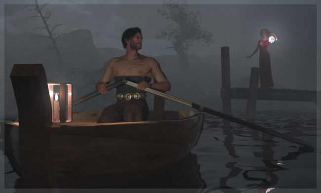 Обои картинки фото 3д, графика, people, люди, вечер, река, женщина, лодка, мужчина