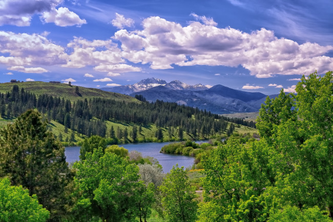 Обои картинки фото pearrygin, lake, methow, valley, winthrop, washington, природа, реки, озера, озеро, деревья, горы, пейзаж, долина, облака