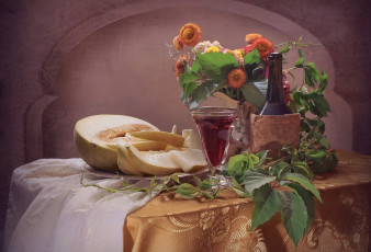 Картинка еда натюрморт вино цветы бокал дыня