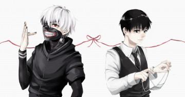 Картинка аниме tokyo+ghoul маска канеки кен токийский гуль бантик арт белый фон лента