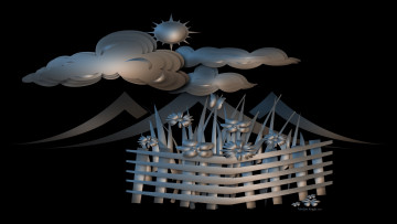 Картинка 3д+графика природа+ nature забор цветы облака солнце