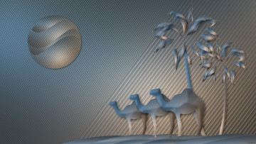 Картинка 3д+графика животные+ animals пустыня верблюды пальмы