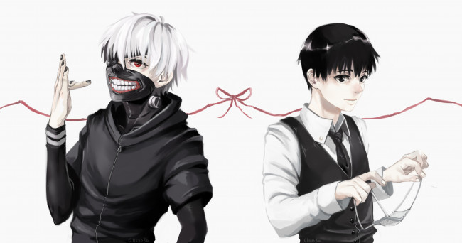 Обои картинки фото аниме, tokyo ghoul, маска, канеки, кен, токийский, гуль, бантик, арт, белый, фон, лента