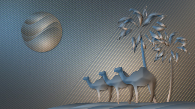 Обои картинки фото 3д графика, животные , animals, пустыня, верблюды, пальмы