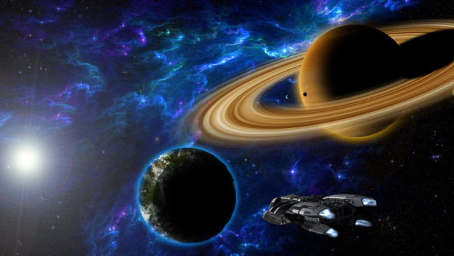 Обои картинки фото космос, арт, космический, корабль, планеты