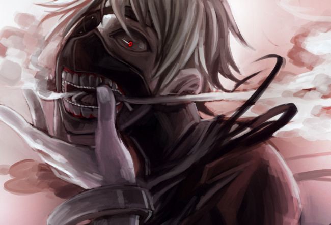 Обои картинки фото аниме, tokyo ghoul, красный, глаз, маска, парень, токийский, гуль