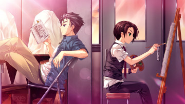 Картинка аниме unknown +другое hifumi sarusuberi touma nanae мольберт палитра кисть дверь комната tsukumo no kanade двое книга стул