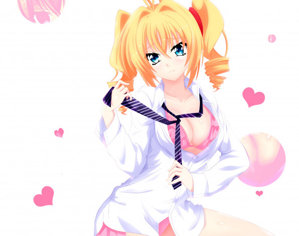 Обои картинки фото аниме, unknown,  другое, девушка, взгляд, сердечки, галстук, фон