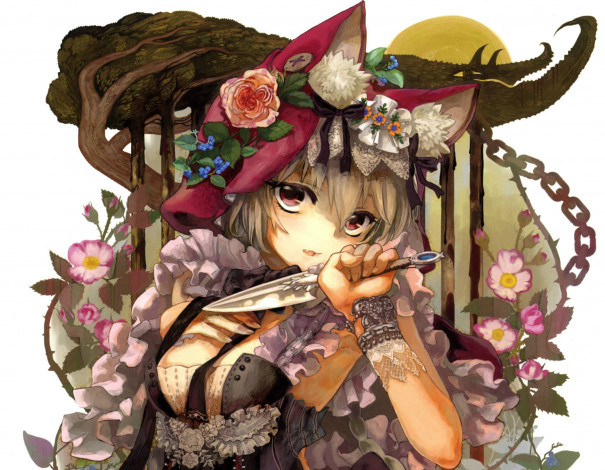 Обои картинки фото аниме, оружие,  техника,  технологии, art, aililith, neko, girl, ушки, нож, кружево