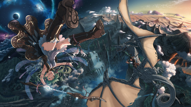 Обои картинки фото аниме, vocaloid, арт, inoki, горы, gumi, падение, дракон, космос, пейзаж, девочка