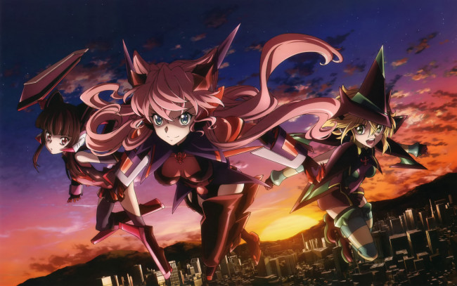 Обои картинки фото аниме, senki zesshou symphogear, senki, zesshou, symphogear, облака, akatsuki, kirika, tsukuyomi, shirabe, закат, небо, арт, девушки, maria, cadenzavuna, eve