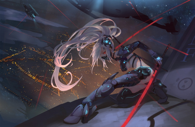 Обои картинки фото аниме, оружие,  техника,  технологии, маска, девушка, арт, neko-mura, ikkro, ночь, город