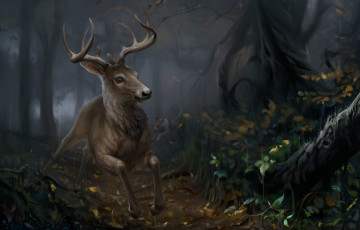 Картинка рисованное животные +олени лес собака охота природа олень