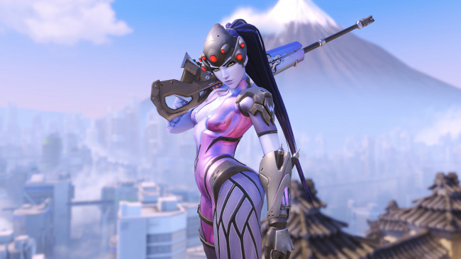 Обои картинки фото видео игры, overwatch, девушка, фон, взгляд