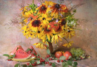 Картинка еда натюрморт композиция букет лето фрукты рудбекия июль