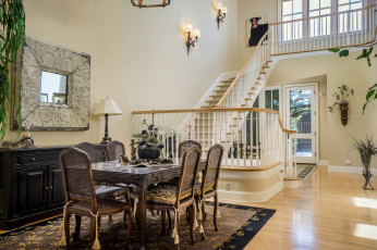 Картинка интерьер столовая стулья стиль стол лестница дизайн