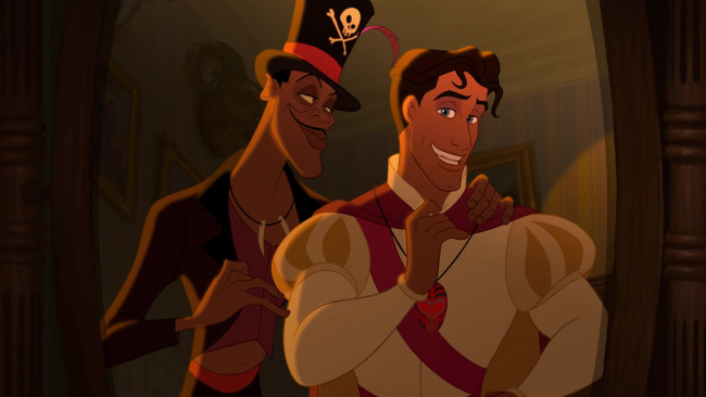 Обои картинки фото мультфильмы, the princess and the frog, улыбка, медальон, зеркало, принц, мужчина