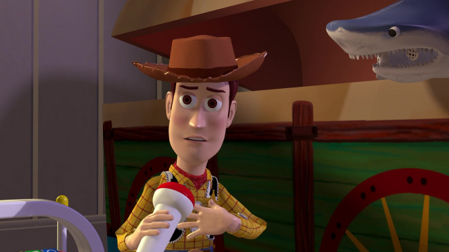 Обои картинки фото мультфильмы, toy story, акула, микрофон, игрушки, ковбой