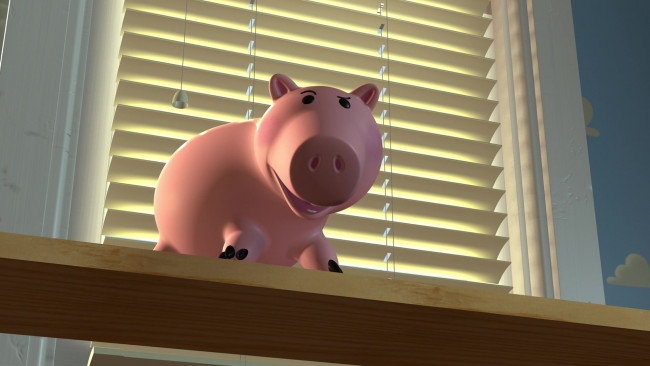 Обои картинки фото мультфильмы, toy story, полка, поросенок, окно, свинья, игрушка