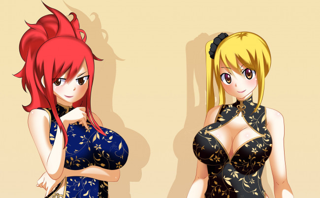 Обои картинки фото аниме, fairy tail, llucy, by, sharknex01, erza, mahou