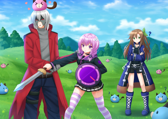 Обои картинки фото аниме, hyperdimension neptunia, bishojo, deredere, vegetation, shield, cute, blade, ken, girl, sword, anime, fight