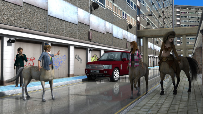 Обои картинки фото 3д графика, существа , creatures, автомобиль, улица, город, змея, фон, взгляд, девушка