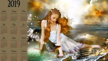 Картинка календари рисованные +векторная+графика девочка 2019 calendar ребенок рыба водоем