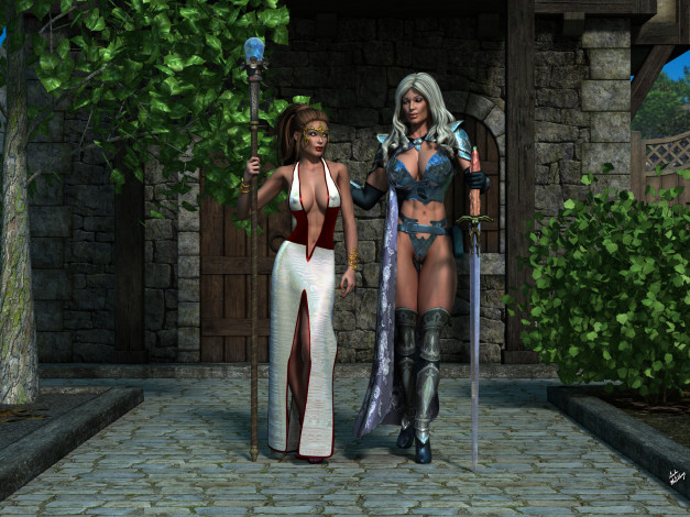 Обои картинки фото 3д графика, фантазия , fantasy, фон, взгляд, девушки