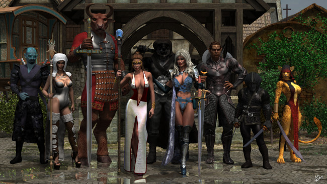 Обои картинки фото 3д графика, фантазия , fantasy, девушки, фон, взгляд