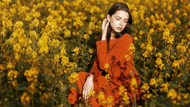 Обои картинки фото девушки, - брюнетки,  шатенки, луг, девушка, цветы