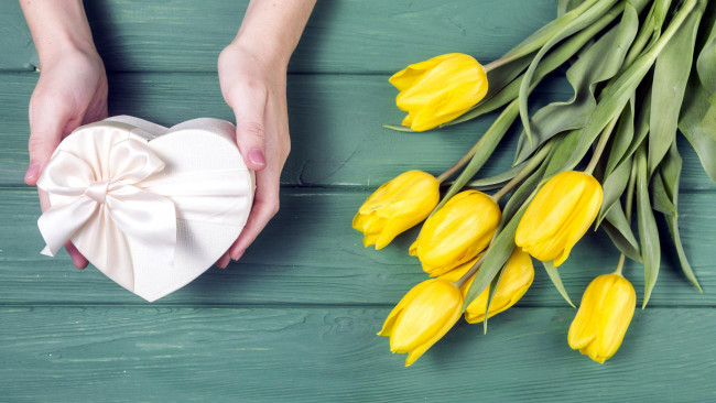 Обои картинки фото праздничные, подарки и коробочки, тюльпаны, желтые, подарок, лента, бант