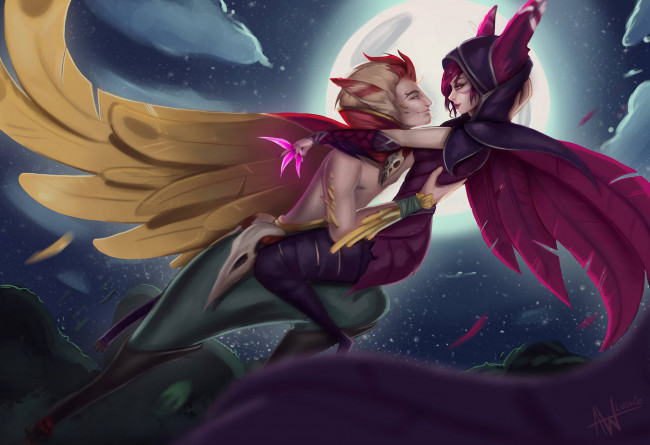 Обои картинки фото видео игры, league of legends, xayah, rakan, пара, луна