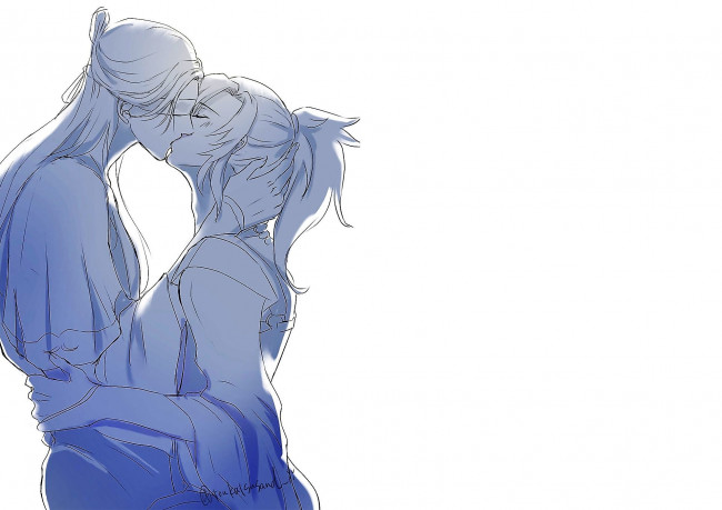 Обои картинки фото сюэ ян и сяо синчень, аниме, mo dao zu shi, сяо, синчень, сюэ, ян, поцелуй