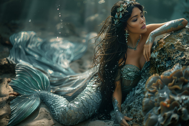 Обои картинки фото бестия, 3д графика, фантазия , fantasy, девушка, русалка, камень, волосы, хвост, цифровое, искусство, ии-арт, искусственного, интеллекта, нейросеть