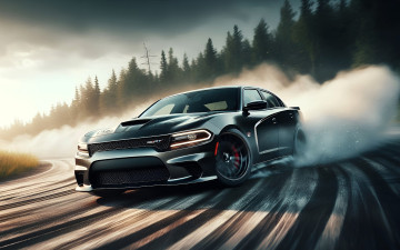 обоя dodge charger, рисованное, авто, мото, машина, лес, дорога, поворот, дрифт, занос, дым