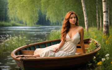 Картинка 3д+графика люди+ people девушка платье лодка река трава деревья