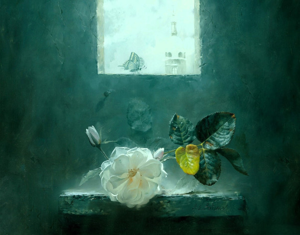 Обои картинки фото рисованное, алексей антонов, роза, бутон, листья, полка, окно, бабочка