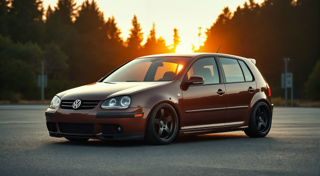 Обои картинки фото volkswagen golf mk v, автомобили, volkswagen, golf, mk, v, forest, ai, art, sun