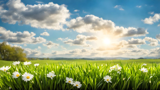 Обои картинки фото разное, компьютерный дизайн, поле, луг, трава, цветы, ромашки, небо, облака, деревья