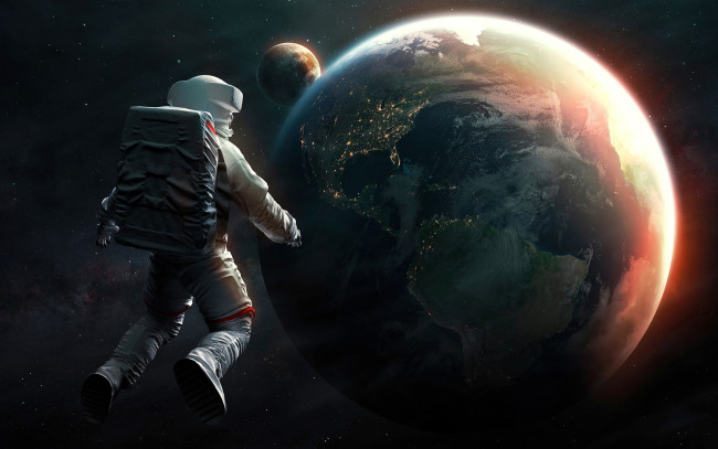Обои картинки фото космос, арт, астронавт, скафандр, невесомость, планеты, звезды
