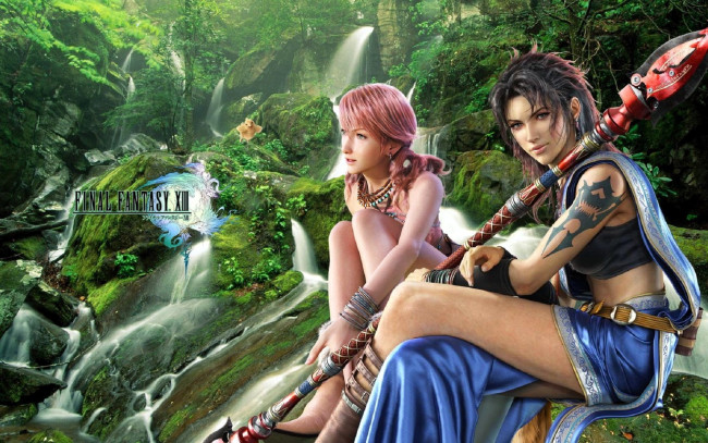Обои картинки фото видео игры, final fantasy xiii, девушки, оружие, природа, водопады