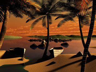 Картинка 3д графика sea undersea море пальмы лодки