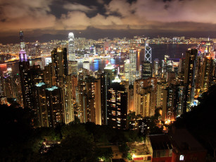 Картинка города гонконг китай река огни облака