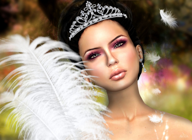 Обои картинки фото 3д, графика, portraits, портрет, девушка, перья, диадема